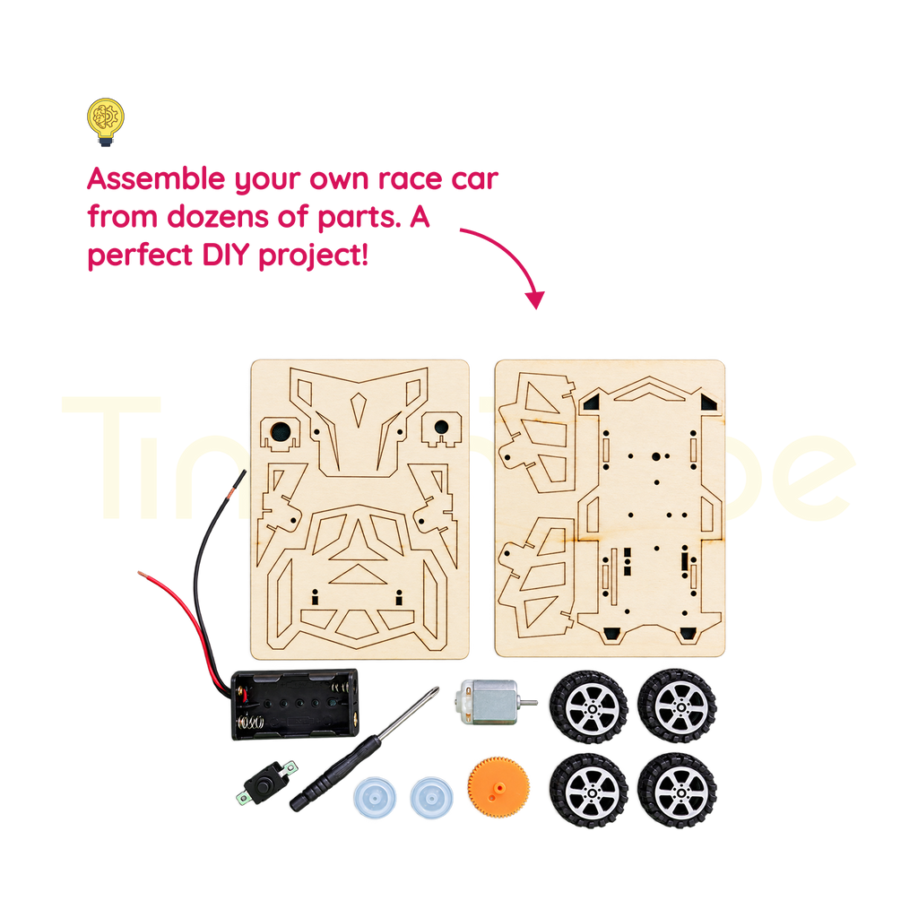 Four-wheel-drive racing car kit parts with motor, wheels and wooden panels