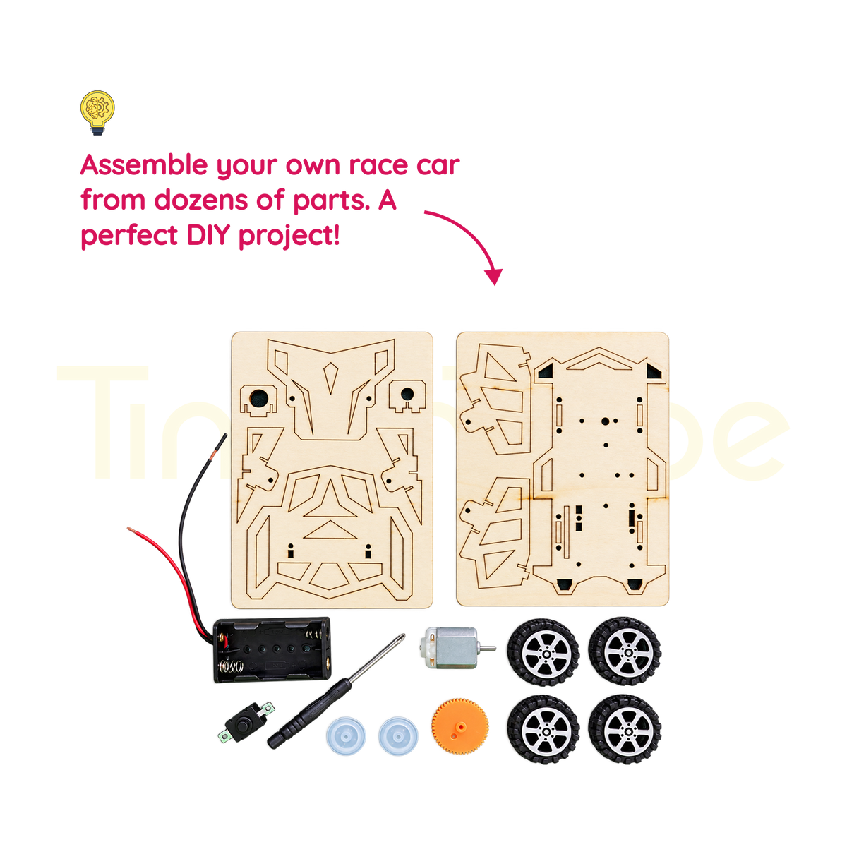 Four-wheel-drive racing car kit parts with motor, wheels and wooden panels
