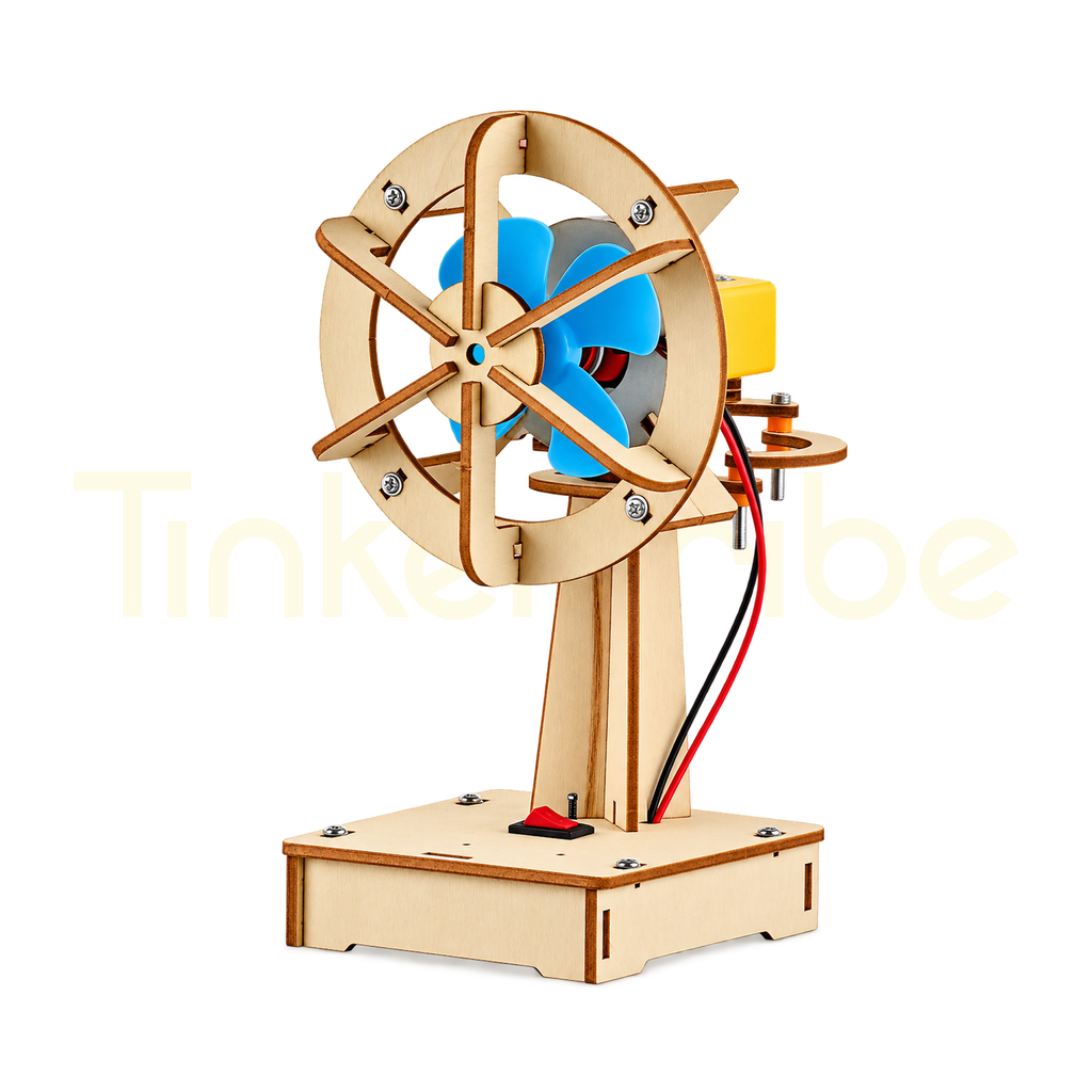Assembled STEM electric shaking fan with wooden guard and blue propeller