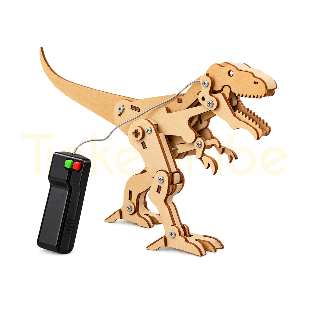 Assembled wooden motorised T-Rex dinosaur with wired controller
