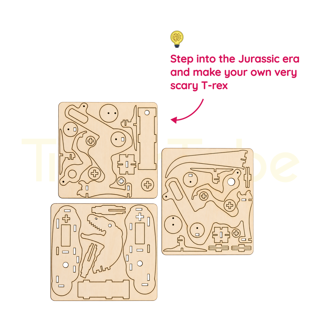 Laser-cut wooden pieces for the STEM Robot T-Rex kit