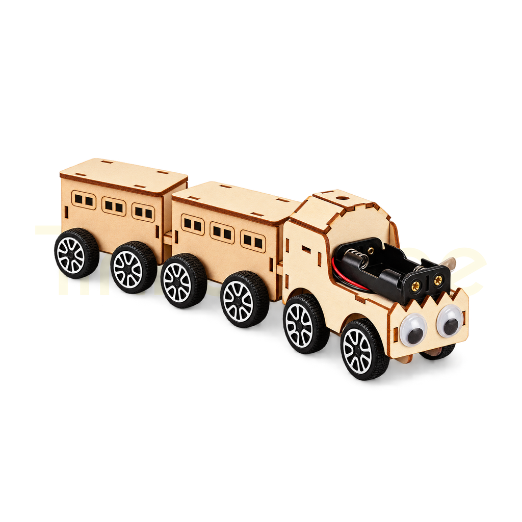 Assembled motorised wooden small train with locomotive and two carriages