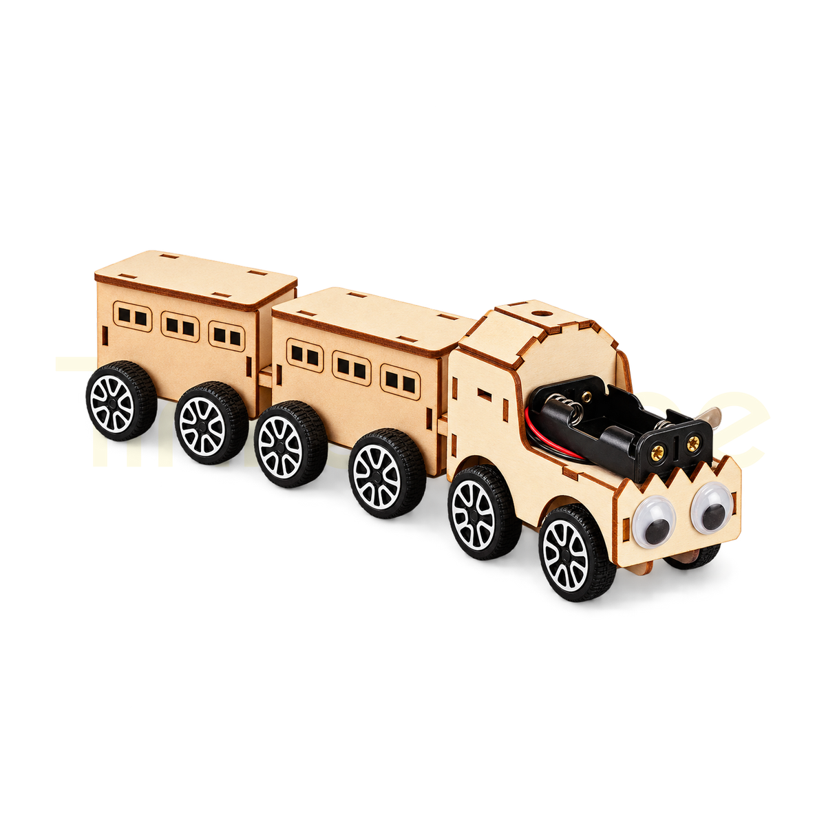 Assembled motorised wooden small train with locomotive and two carriages