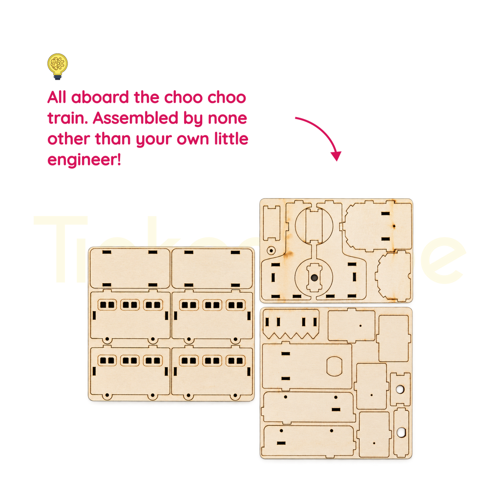 Laser-cut wooden locomotive and carriage parts for the STEM train kit
