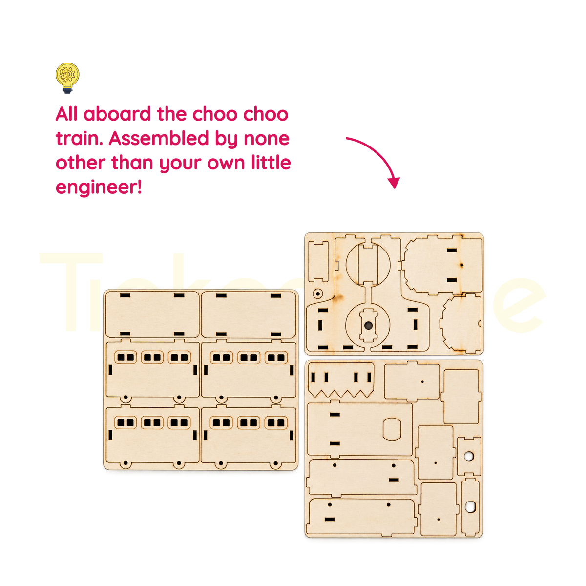 Laser-cut wooden locomotive and carriage parts for the STEM train kit