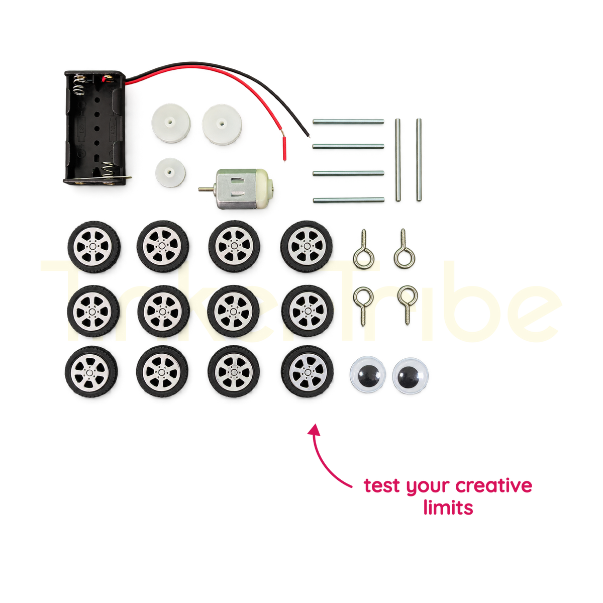 Small train kit motor, wheels, pulleys, axles and battery holder
