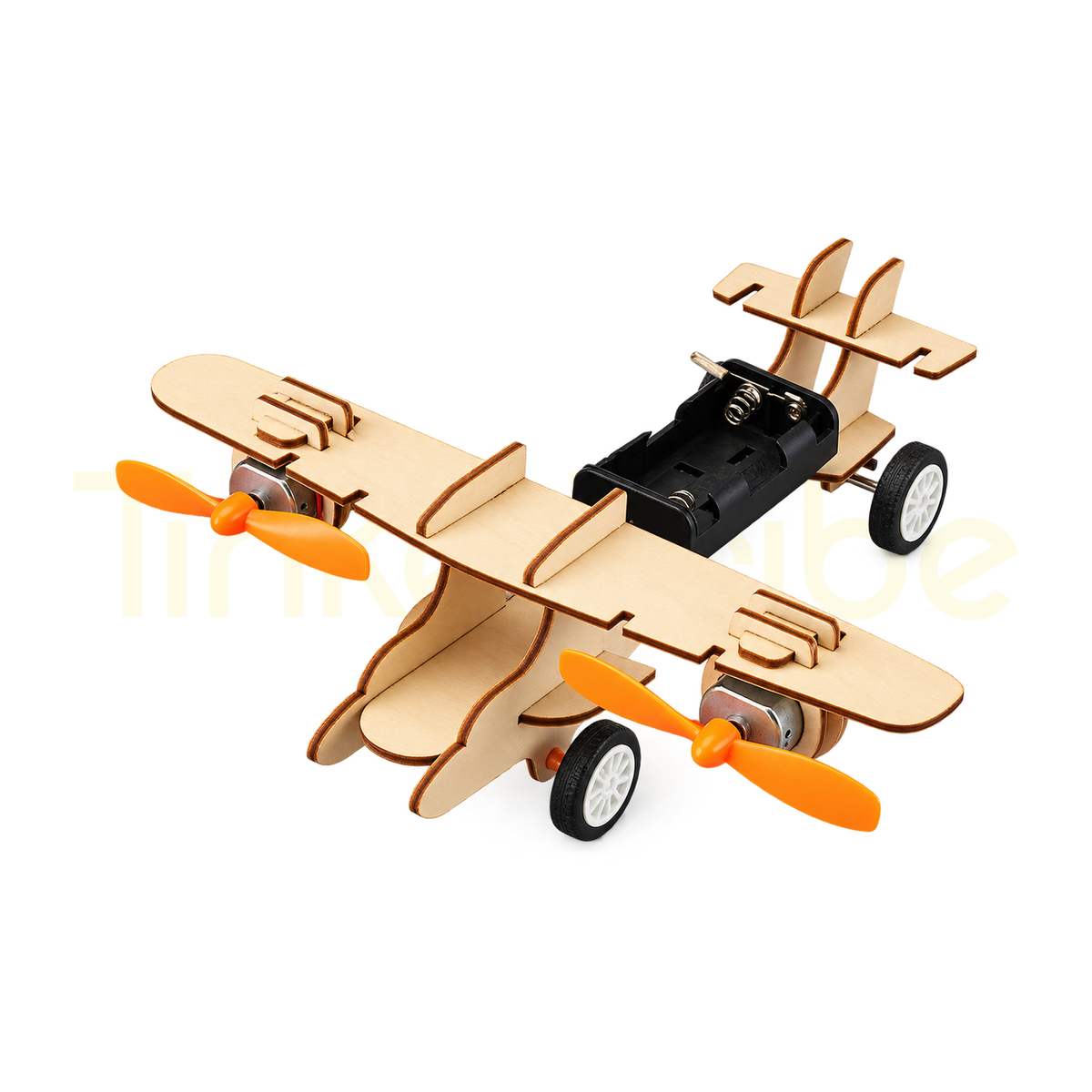 Assembled wooden twin-propeller aircraft model on wheels