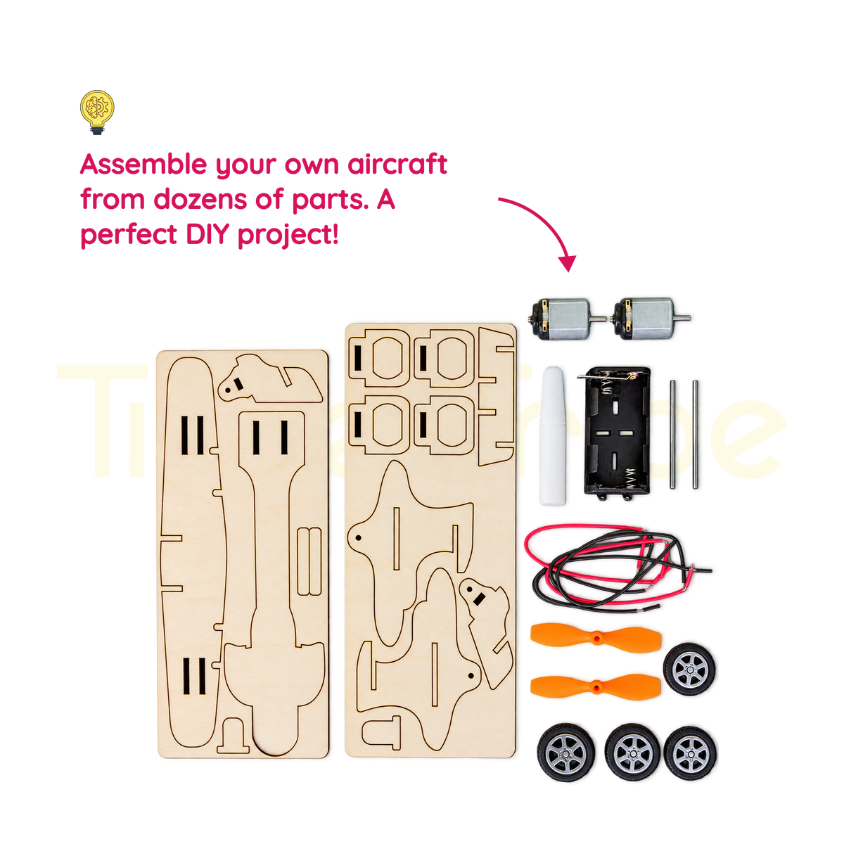 Twin-screw aircraft kit wooden parts, motors, propellers and wheels