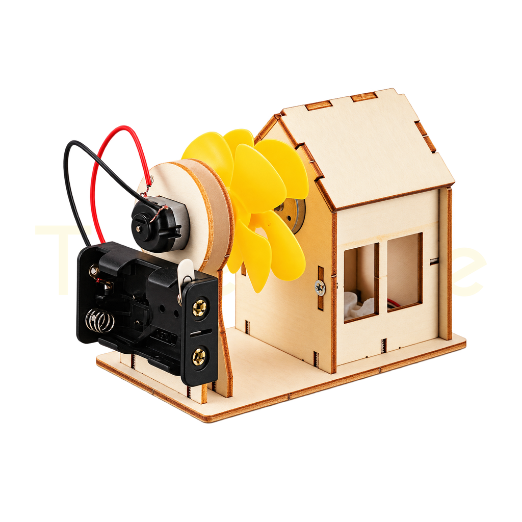 Assembled wooden STEM wind power station with house and propellers