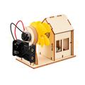 Assembled wooden STEM wind power station with house and propellers