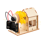 Assembled wooden STEM wind power station with house and propellers