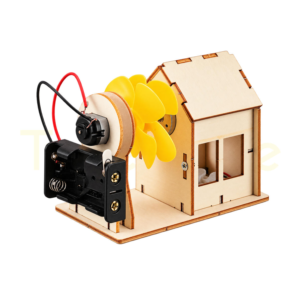 Assembled wooden STEM wind power station with house and propellers