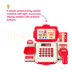 Toy shopping cash register showing buttons, scanner and cash drawer