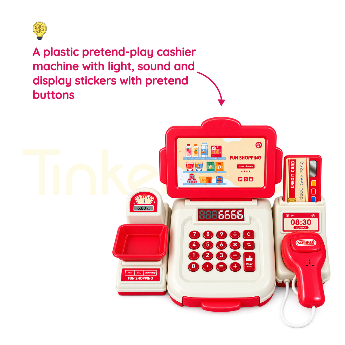 Toy shopping cash register showing buttons, scanner and cash drawer