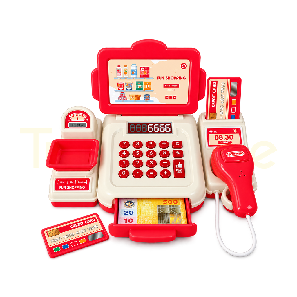 Red toy cash register with pretend scanner, payment cards and play money