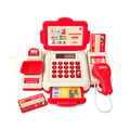 Red toy cash register with pretend scanner, payment cards and play money
