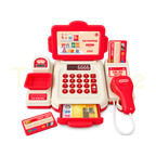 Red toy cash register with pretend scanner, payment cards and play money