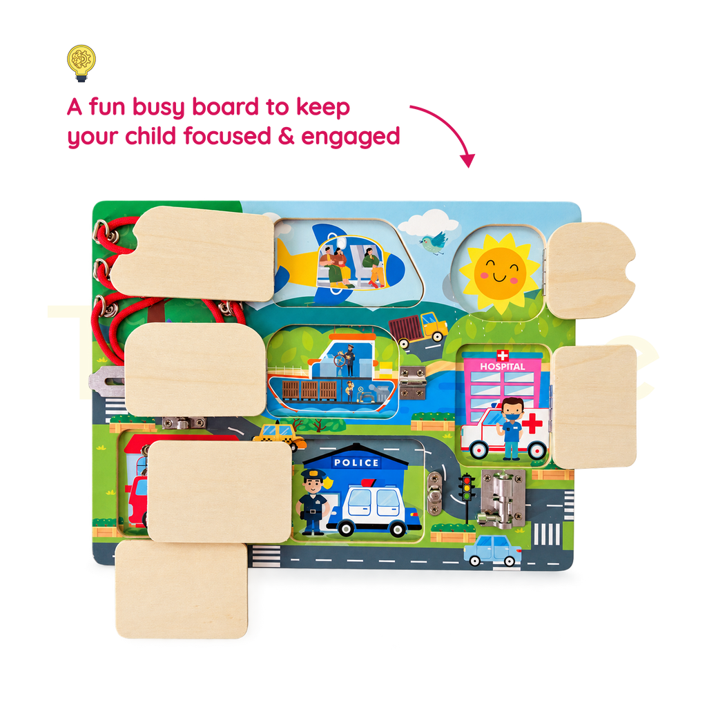 Open city-themed busy board doors revealing vehicles and community scenes