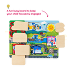 Open city-themed busy board doors revealing vehicles and community scenes