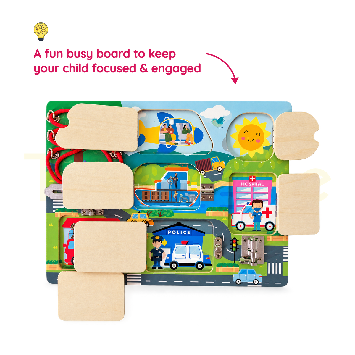 Open city-themed busy board doors revealing vehicles and community scenes