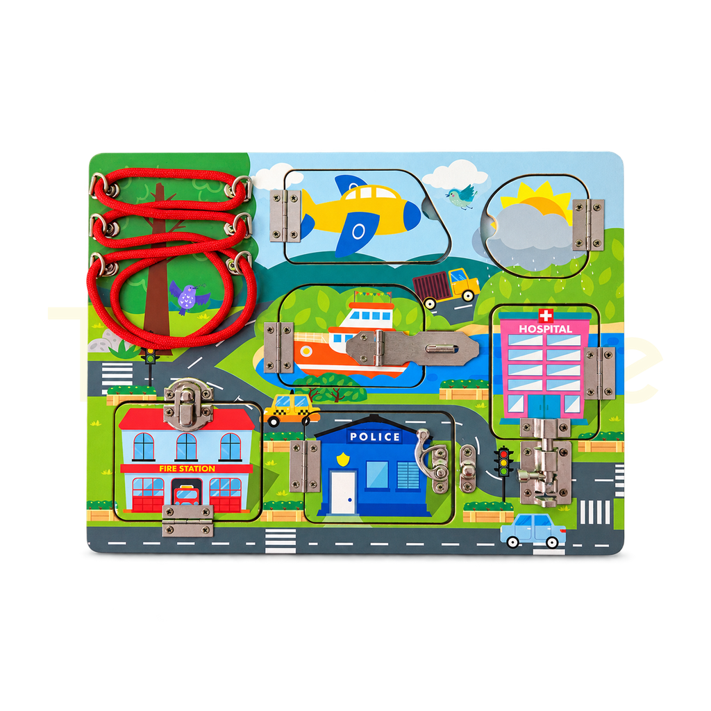 Urban transportation wooden busy board with vehicle doors, metal latches and lacing