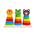 Wooden lion frog and bear stacking towers with colourful geometric blocks