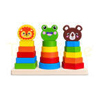 Wooden lion frog and bear stacking towers with colourful geometric blocks