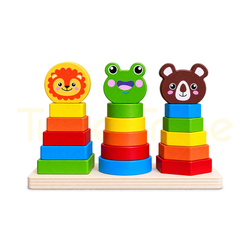 Wooden lion frog and bear stacking towers with colourful geometric blocks