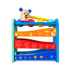 Wooden hammer bench with four colourful balls and sloping ball tracks