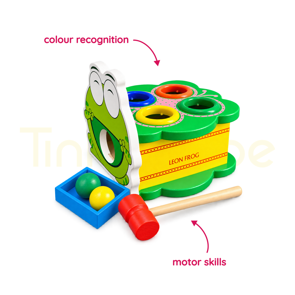 Wooden frog hammering game for hand-eye coordination
