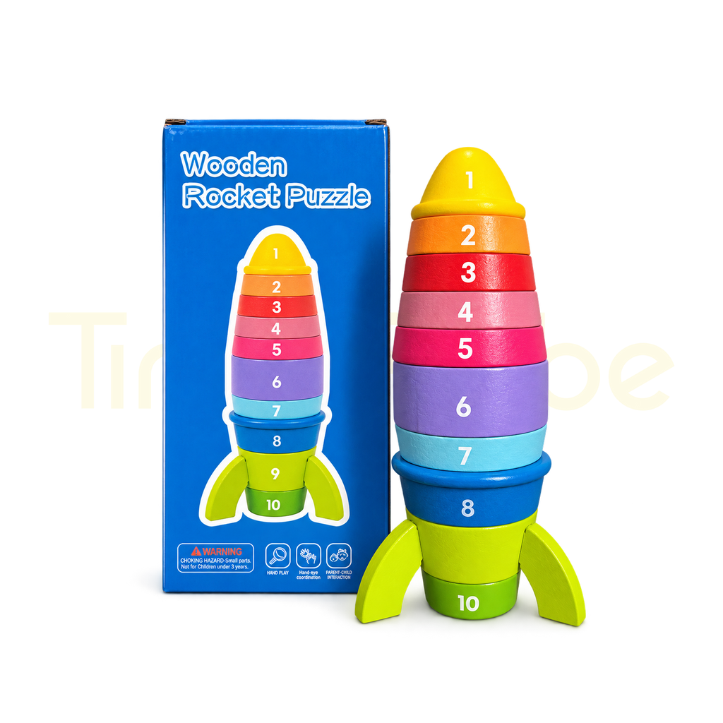 Ten-piece wooden rocket puzzle beside blue packaging