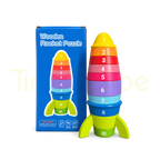 Ten-piece wooden rocket puzzle beside blue packaging