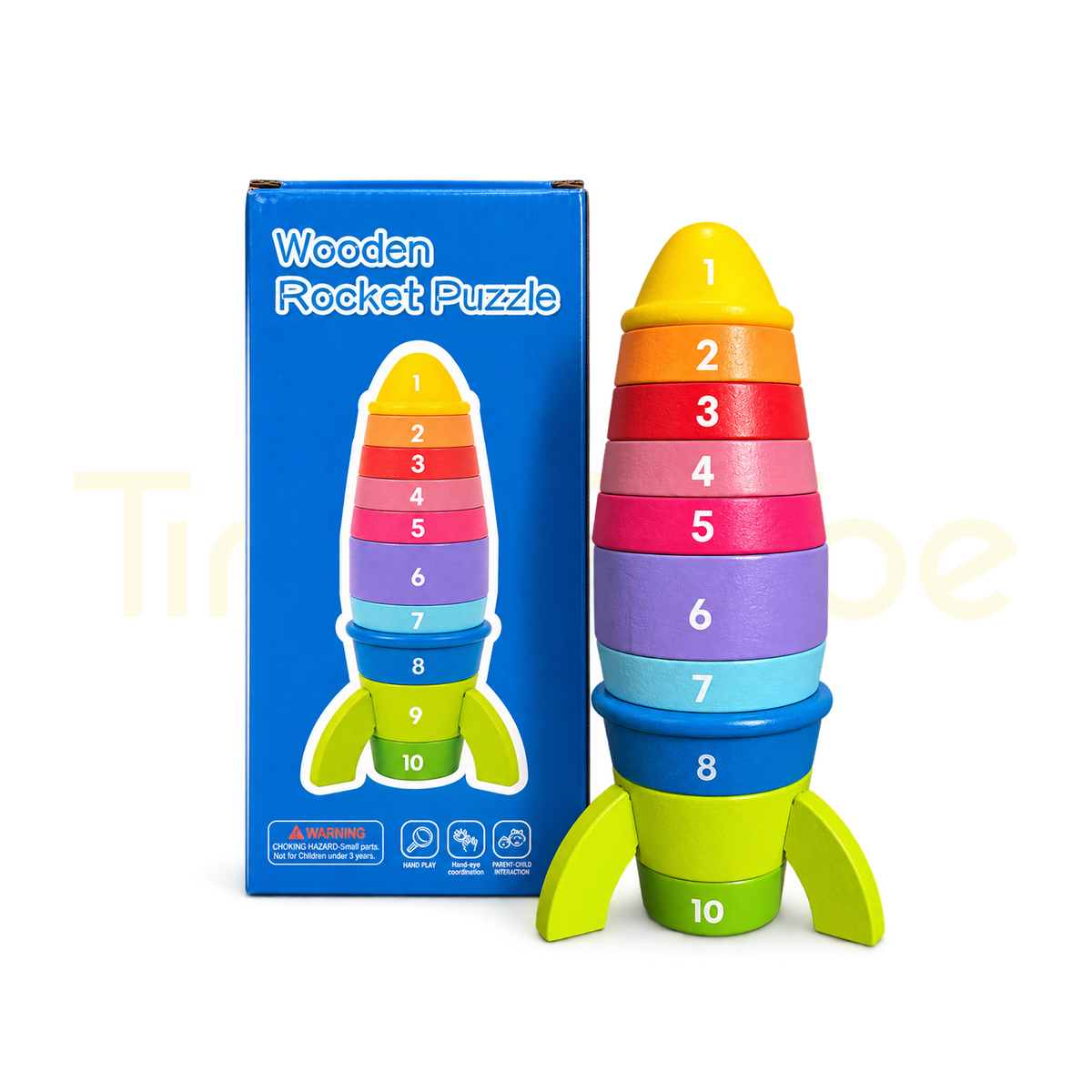 Ten-piece wooden rocket puzzle beside blue packaging
