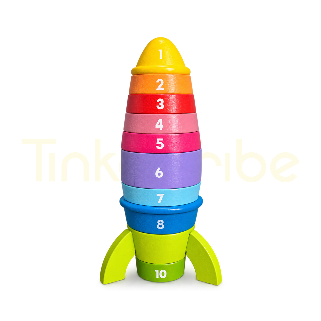 Wooden rocket stacking puzzle with ten numbered blocks