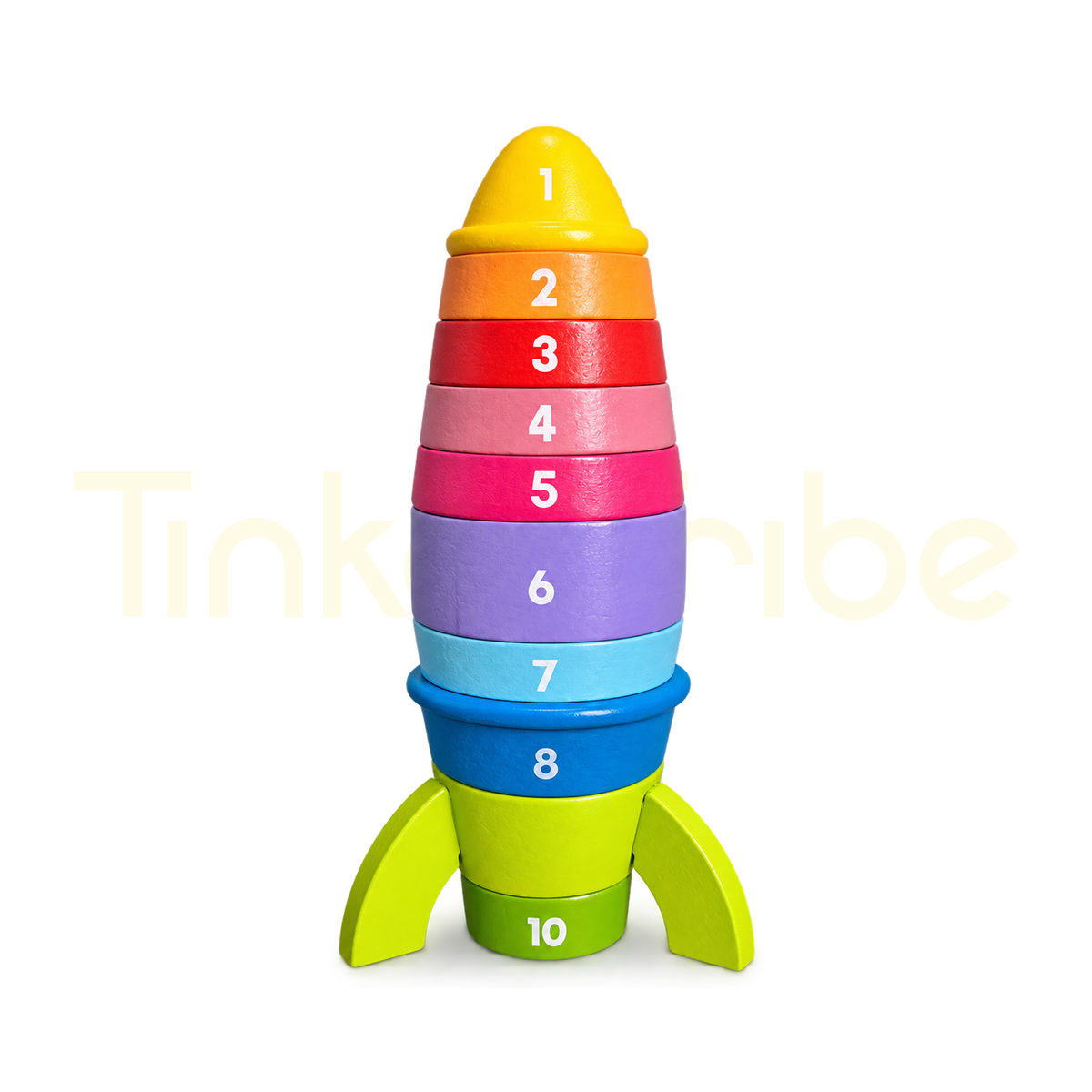 Wooden rocket stacking puzzle with ten numbered blocks