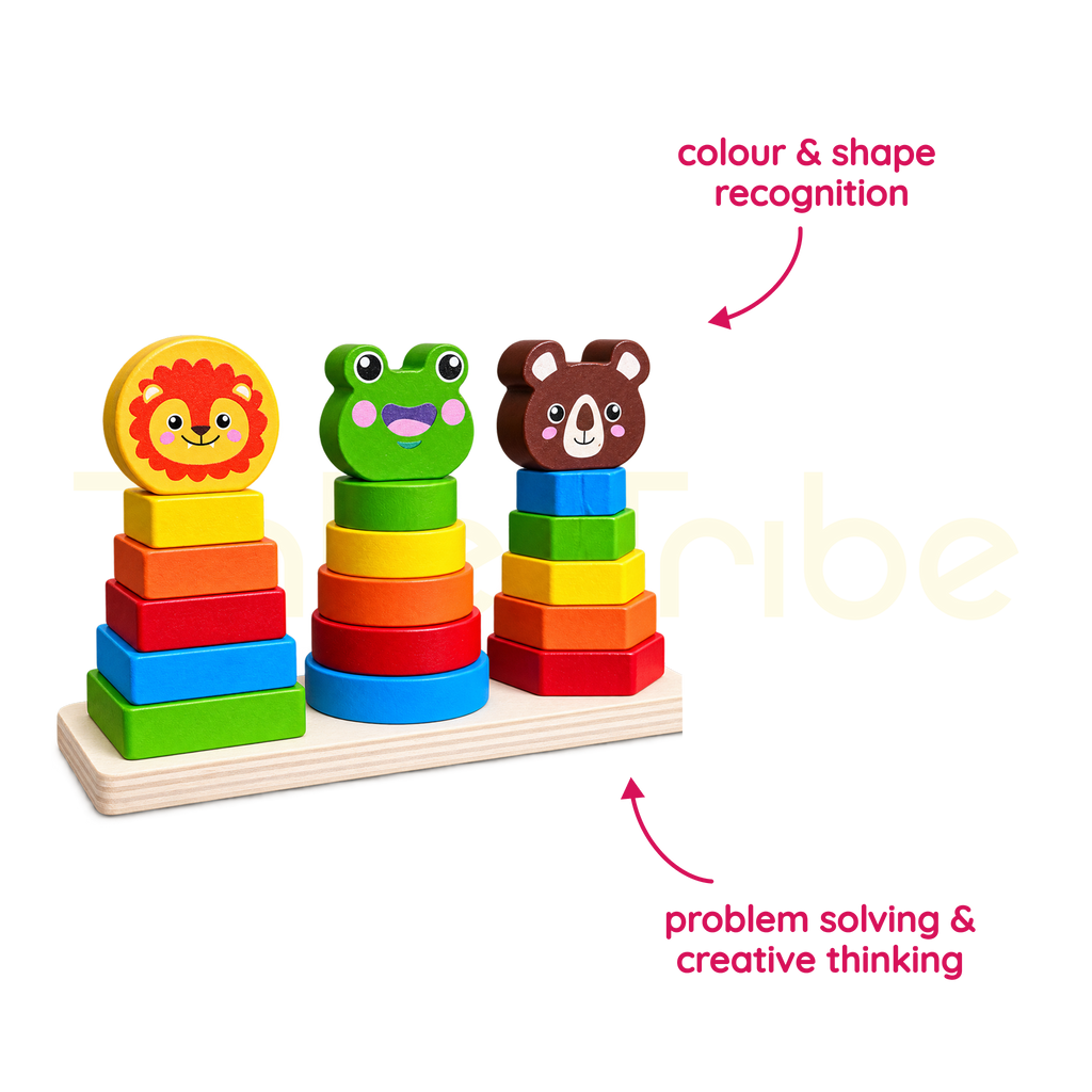 Wooden animal stacking toy supporting colour recognition and problem solving