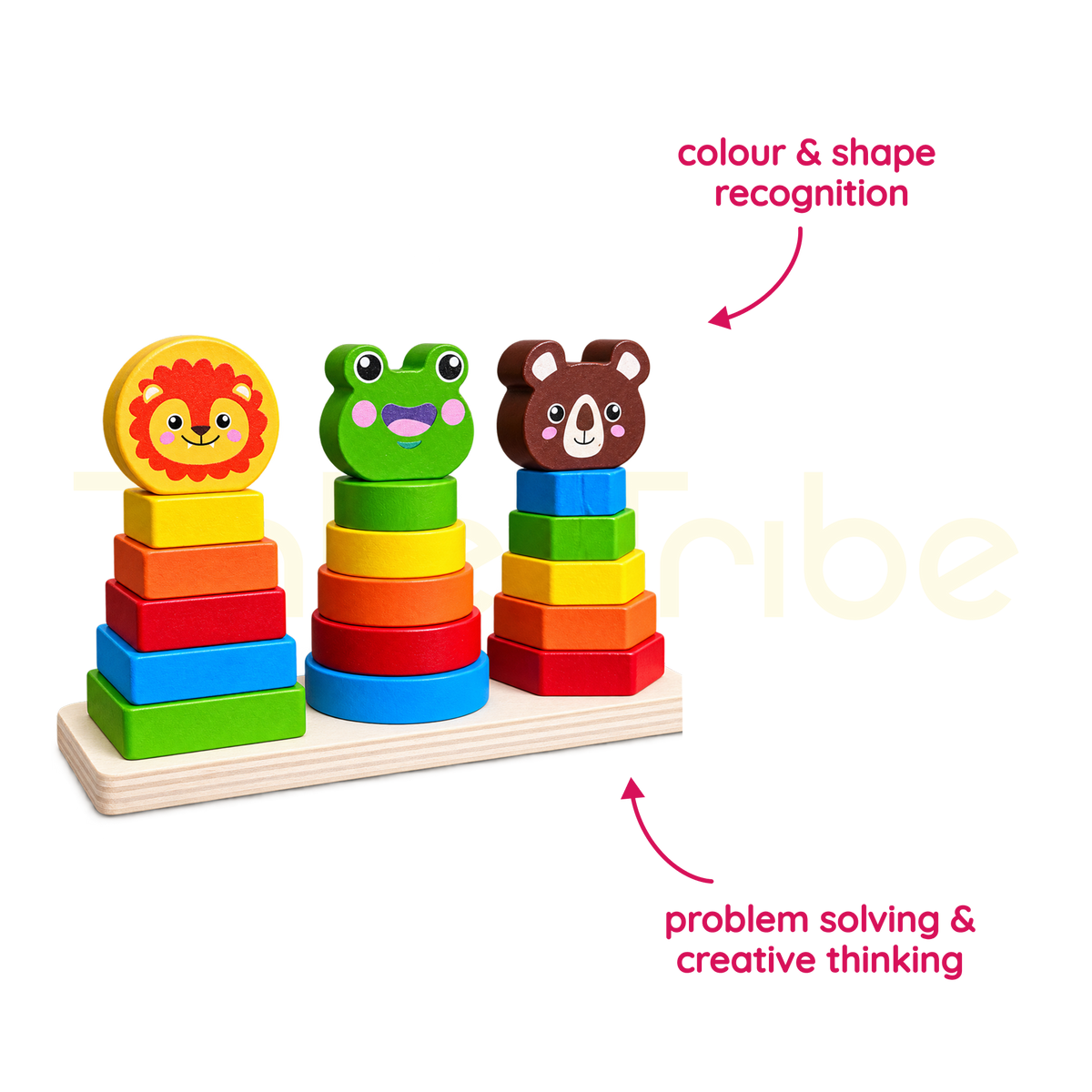 Wooden animal stacking toy supporting colour recognition and problem solving